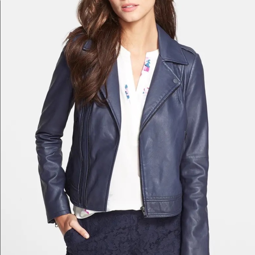 Joie Caldine Navy Blue Leather Moto Jacket Like New